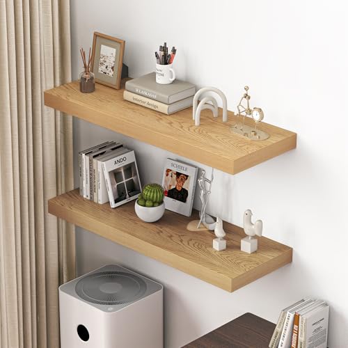 Image of Dreamland 40 inch Floating Shelves for Wall, 12 inch Deep Thicker Oak Floating Shelves, Wall-Mounted Shelves for Bedroom, Living Room, Kitchen, Bathroom - Set of 2