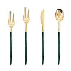 180PCS Gold Plastic Cutlery with Green Handle