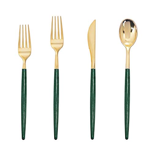 Supernal 180 Pieces St Patricks Day Gold Plastic SilverwareGold Cutlery Plastic with Green Glitter Handle For Irish Green Party, Include 45 Knives,45 Dinner Forks,45 Dessert Forks,45 Spoons