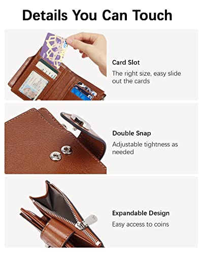 Image of BOSTANTEN Women Leather Wallet Small RFID Blocking Bifold Zipper Pocket Wallet Card Case with ID Window Brown