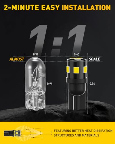 AULUXE 194 LED Bulb – 300% Brighter, 6500K White, Super Bright for License Plate, Dome, Map, Trunk, Door, Courtesy Lights – Fits T10, 168, 2825, W5W – 10 Pack