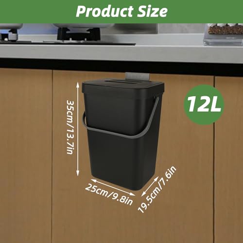 Image of 1Pcs Hanging Trash Can with Lid, 3.2 Gallon /12L Kitchen Hanging Garbage Can with Lid, Large Wall-Mounted Compost Bin Under Sink for Kitchen, Bathroom, Cabinet Door(Black)