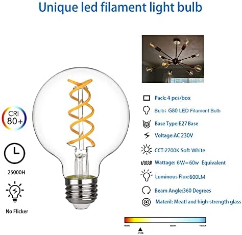 EMITTING Vintage Globe Edison LED Bulb, G80 6W Soft White 2700K, Antique Flexible Spiral LED Filament Light Bulb,600Lm Non-Dimmable, 6W Equivalent to 60W, E27 Base, Clear Glass (6W-2700K-4Pack)