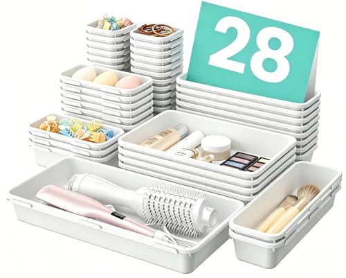 Image of A-LuGei 【Military Grade】 Drawer Organizer, 【𝟱𝗦𝗶𝘇𝗲】 Makeup organizer, 【Holds 177 Items】 Bathroom Organizers and Storage, Organization and Storage, Desk Drawer Organizer for Vanity (White)