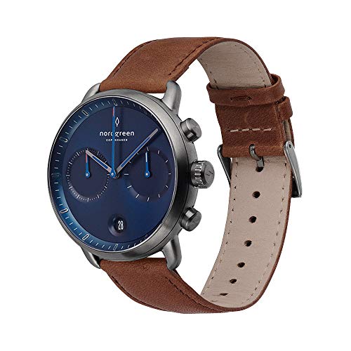 Nordgreen Pioneer Men's Chronograph Watch Scandinavian Gun Metal 42mm with Navy Dial and Brown Leather Strap