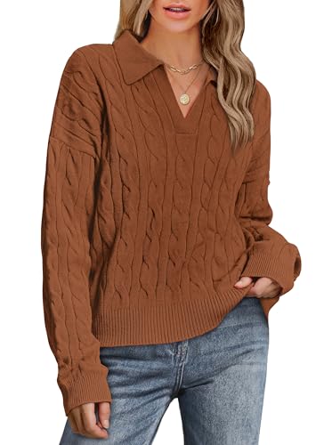 Wiholl Womens Polo V Neck Sweaters Fall Winter Outfits 2024 Fashion Long Sleeve Cable Knit Clothes Lightweight Loose Holiday Camarel M cover