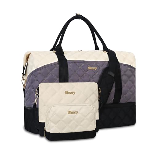 Stuery Weekender Bags for Women with Toiletry Bags: Large Overnight Bags Travel Duffel Bag Carry On Shoulder Weekend Tote with Shoe Compartment and Wet Pocket for Girls Airplane Traveling,Beige Grey