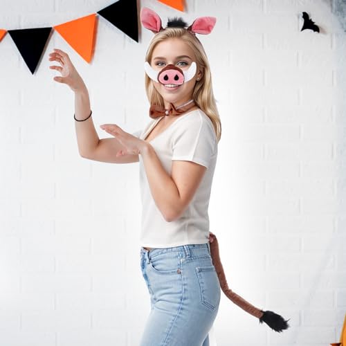Dxhycc Warthog Costume Accessories Set, Warthog Ears Headband Nose Bowtie and Tail Costume Accessories for Adult Halloween Dress Up Play Party - Thumbnail 4