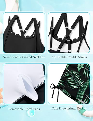 Image of Girls Swimsuit 2 Piece Halterneck Cross Straps Girls Tankini Top Drawstring Prints Shorts Bathing Suit for Teens 9-16Y