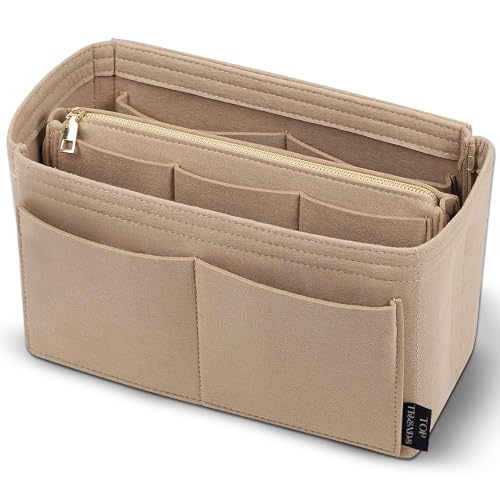 TOP TRENDS Upgraded Purse Organizer Insert with Zipper Felt Tote Bag Organizer for Handbags 13 Compartments & Base Shaper Compatible with Speedy Neverfull Longchamp and More (23Dx15Hx13W cm)