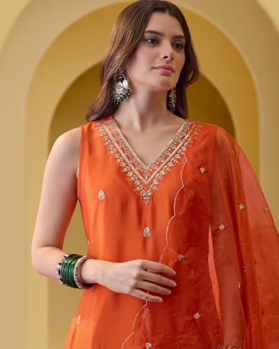 Image of Amazon Brand - Tavasya Women Silk Blend Zari Sequin EmbroideKurta with Sharara and Dupatta Set|Ethnic Wear (PHSKS1737 VBT 2XL)