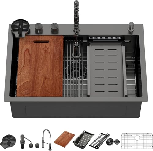 Lordear 30 Drop In Kitchen Sink with Faucet 30x22 Inch Black Waterfall Kitchen Sinks Topmount Stainless Steel 16 Gauge Single Bowl Workstation Kitchen Sink With Faucet Combo