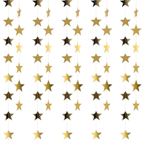 4 Pcs Reflective Star Paper Garland Little Star Banner Backdrop Glitter Star Hanging Garland Bunting Star Party Streamers Birthday Hanging Banner Wedding String Banner for Engagement Golden