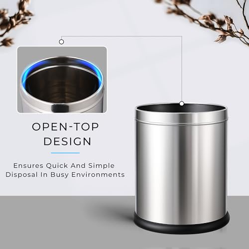 Image of Robustt Stainless Steel Open Top Dustbin - 6L | 8.2Inch (W) x 11.3Inch (H) Silver Trash Can with Anti-skid Base | For Bathroom, Bedroom, Kitchen & Toilet or Commericial Use - Pack of 1