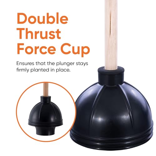 Image of Superio Heavy Duty Plunger with 21 Inch Wooden Handle, Black Rubber - Classic Toilet Plunger, Heavy Duty, Double Thrust Force Cup, Rubber Toilet Plunger, Black Plunger (Wood-3 Pack)