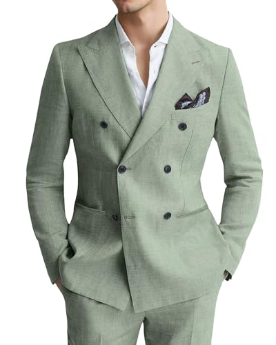 Image of Lynerun Retro Linen Mens Suit Slim 2 Piece Double Breasted Suit Men Light Weight Light Green Suits for Men Casual Wedding Tuxedo L