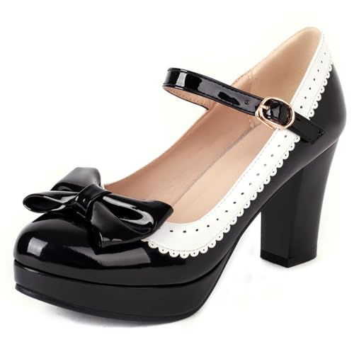 Image of FOREADA Lolita Bow Platform High Heel Women Rockabilly Mary Jane Dress Pump | Boasts soft kawaii retro vintage lolita tea party aesthetic, with block heel ,bow, round toe versatile style for dress wear