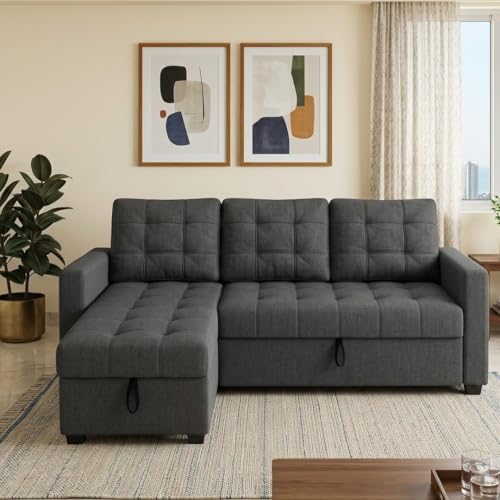 Image of CASASTYLE Sumur 4 Seater LHS L Shape Sofa with Pull Out Bed & Storage Lounger | Premium Soft Velvet Suede Fabric | Comfort Cushions | Ideal for Living Room, Hotel & Office (Dark Grey)