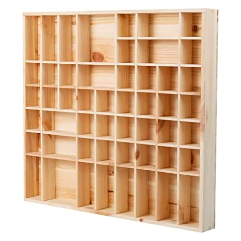 DECOCRAFT Multi Compartment Wooden Wall Storage Display Unit Shelf 51 Individual Sections for Small Keepsakes, Essential Oils, DIY Jewellery, Toys, Cars, Natural Wood Cover