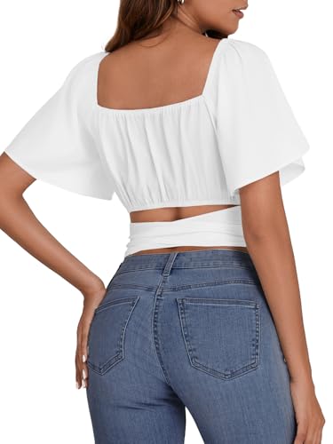 Rooscier Women's Ruched Wrap Ruffle Flare Short Sleeve Square Neck Self Tie Crop Top Blouse4