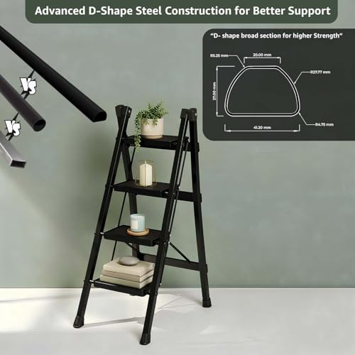 Image of Plantex 4 Step Ladder for Home Use /Wide Anti-Slip Heavy-Duty Step Stool /Lightweight Kitchen Ladder 4 Step (Black)