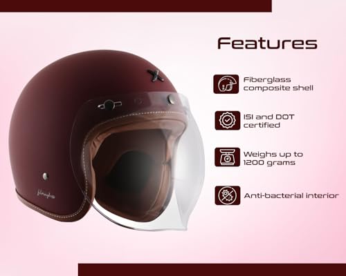 Image of Axor Retro Jet Leather ISI and DOT Certified Matte Finish Open Face Helmet for Men and Women with Clear Visor- Dull Chestnut Red -L