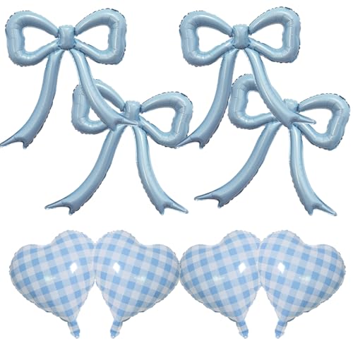 Dusty Blue Bow Foil Balloons Set – 4PCS Blue Coquette Party Balloons for Girls Birthday, Princess Baby Shower, Beach Bridal Shower,Gingham Birthday Decor, Bow-Themed Party Decorations