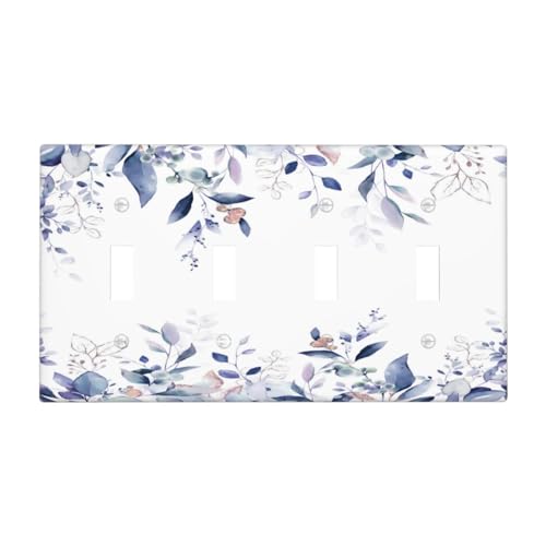 Decorative Switch Plate Covers Rustic Ink Blue Eucalyptus Leaves Sage leaf 4 Gang Light Switch Cover Plate Quad Toggle Wall Plate Light Switch Covers for Bedroom Home Decor