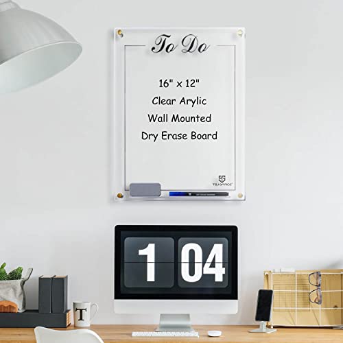 Acrylic Dry Erase Board Clear - 12 x 16 Inches Wall Mounted Glass Whiteboard, Large Frameless Memo White Board for Office, Home & School