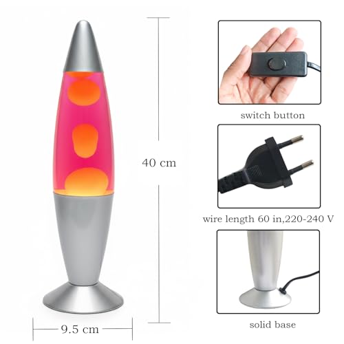 Image of KARP 16 Inch (Rocket Shape) Lava Lamp | (Pink Water & Yellow Lava) | Metal & Glass | 220-240V 50Hz, R39 E14 25W Bulb Included | Mains Plug with Inline ON /Off | Ideal Decor & Gift for Home & Office