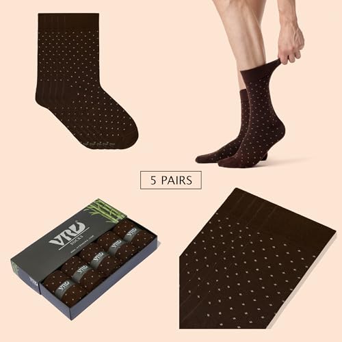 VRD Bamboo Mens Dress Socks for Men, 5-Pack, Dark Brown Crew Length Mid-Calf Socks, Mens Shoe Size 8-132