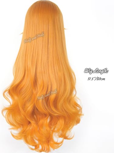 Image of Half and Half Long Curly Orange Anime Pirate Cosplay Wig for Women 31.5'' Vibrant Orange Ginger Wave Wig for Halloween Party Costumes Daily