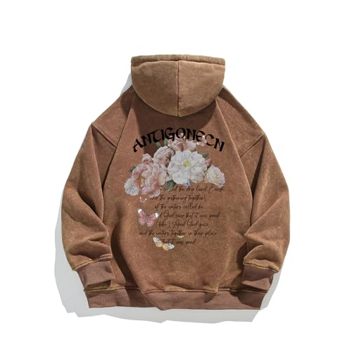 GMOYD Vintage Acid Wash Hoodie Distressed Unisex Hoodies Graphic Oversized Pullover Sweatshirt, 23xw99298brown, M