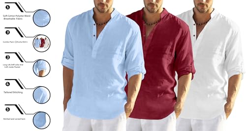 Image of Zombom Combo of Men's Solid Cotton Polyester Blend Full Sleeve Mandarin /Chinese Collor Straight Kurta Shirt (Pack of 3)