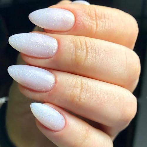 GLAMERMAID Press on Nails Almond Short 24 PCS, Translucence Milk White Handmade Soft Jelly Gel Fake Nails, Round Oval Stick Glue on Nails Kit for Women, Reusable Acrylic False Nail Set