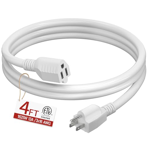 Image of 16 /3 Short Extension Cord 4 FT, White Extension Cord Flexible & Durable, Indoor 3 Prong Power Cable, Suitable for Home and Office, 13 Amp 1625 Watt 125VAC 16AWG, ETL Listed