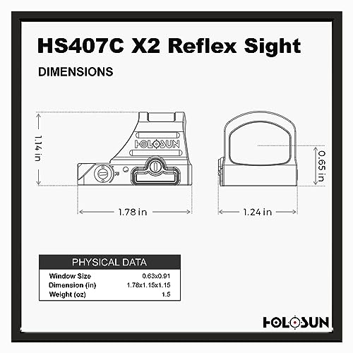 HOLOSUN HS407C X2 Red 2 MOA Dot Open Reflex Sight - Durable Shake-Awake Solar Failsafe Parallax-Free Aluminum Pistol Sight for Full-Sized Handguns - Thumbnail 7