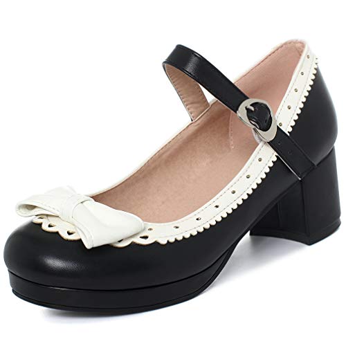 Parisuit Women's Mary Jane Heart Strap Shoes Chunky Mid Heel Platform Sweet Pumps with Bow2