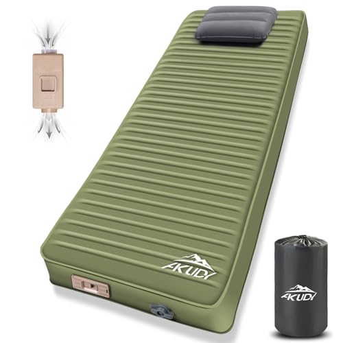 AKUDY Self Inflating Sleeping Pad with Electric Pump, 4" Ultra-Thick Memory Foam Camping Pad with Pillow, 9.5 R-Value Insulated Camping Mattress, Army Yellow
