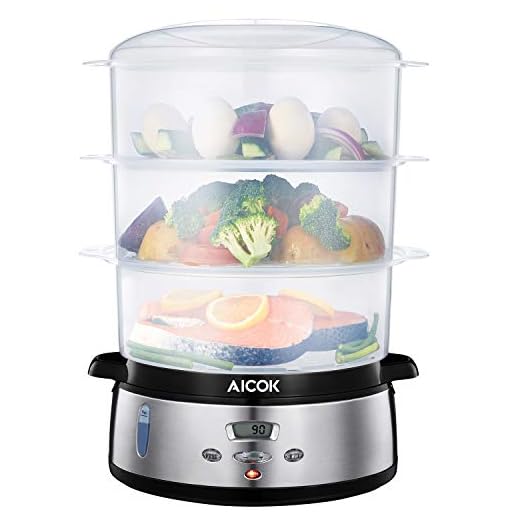 Aicok Vaporiera, 9 Litri Vaporiera Elettrica con Tempo del Display a LCD e 3 Cestelli BPA Free, Vaporiera da 800 W Per riso, Verdure, Pollo e Pesce, Ciotola per Riso Inclusa, Acciaio Inossidabile