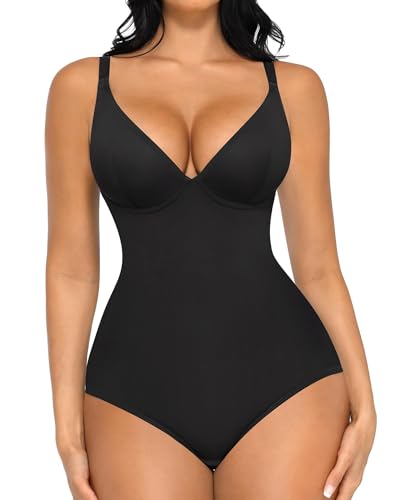 Image of FeelinGirl Shapewear Bodysuits for Women Tummy Control Deep V Neck Body Suits with Adjustable Straps Tops