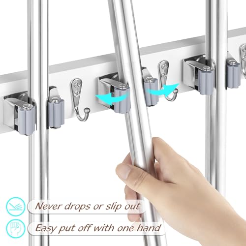 Image of OUTNILI 2 Pack White Mop Broom Holder Wall Mount with 3 Slots & 4 Hooks - Rustic Wood Broom Mop Hanger for Pantry Kitchen Organization - Garden Tool Organizer for Closet Laundry Room