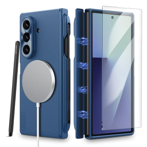 Nillkin 【ペン付き】Galaxy Z fold7対応ケース 強化ガラスフィルム付き ヒンジ保護 耐衝撃 ワイヤレス充電対応 マグネット吸着 ギャラクシー Z Fold7 ケース カバー すり傷防止 薄型 上質 ビジネスに最適（ブルー）