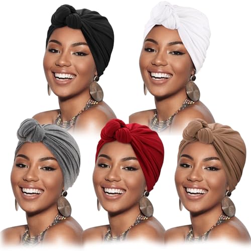 Image of DRESHOW 5 Pack Knotted Headwraps for Women African Turban Pre-Knotted Beanie Headwraps Hair Covers