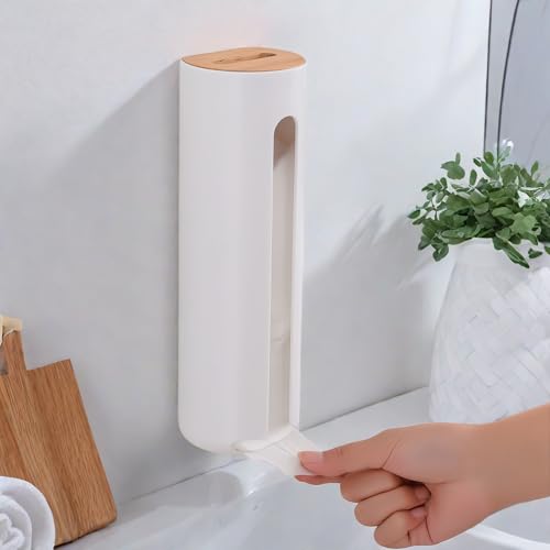 Kaslaider Wattepadspender Wandmontage mit Holzdeckel, Aufbewahrung Wattepads Badezimmer, Praktischer Kosmetikbehälter für Wattepads, Eleganter Spender für Badezimmer, Weiß