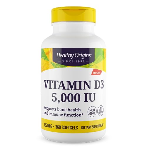 Healthy Origins Vitamin D3 (Lanolin) 5 000 IU Softgel - Bone Health and Immune Support Supplement - Easily Absorbable Vitamin D Supplements - Gluten-Free Vitamin D3 Supplement - 360 Softgels