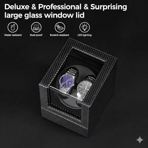 Image of BRAINLE Watch Winder for Automatic Watches, 2 Slot Double Watch Winder Box with LED Display, Quiet Motor, USB Powered, Carbon Fiber PU Leather - Black