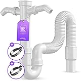 Siphon für Küchenspüle mit Flexiblem Ablaufschlauch inkl. 2 Schlauchklemme - Flexibler Siphon mit zwei Geräteanschluss - Röhrensiphon 1 1/2