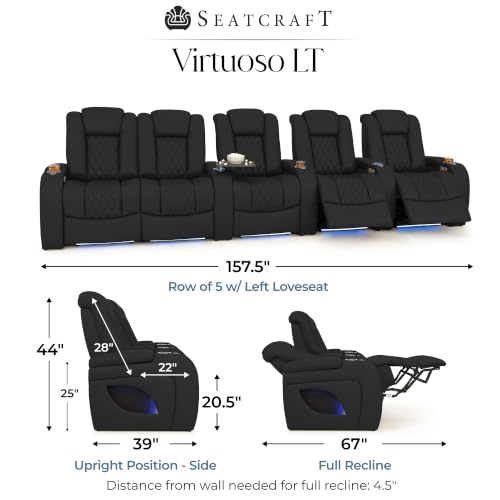 Image of Seatcraft Virtuoso LT Black Italian Leather Home Theater Seating, Zero Gravity Power Recliner, Heat and Massage, Powered Headrest and Lumbar Gaming and Home Office Chair, Row of 5 Left Loveseats
