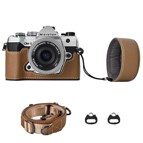 VOVMOEYA Protective Camera Case Kit for Olympus OM-5/OM-D E-M5 III Camera,OM System OM-5 Camera Cover E-M5 III Half Case With 16-50MM Front Lens Cap With Adjustable Shoulder Strap-COCO